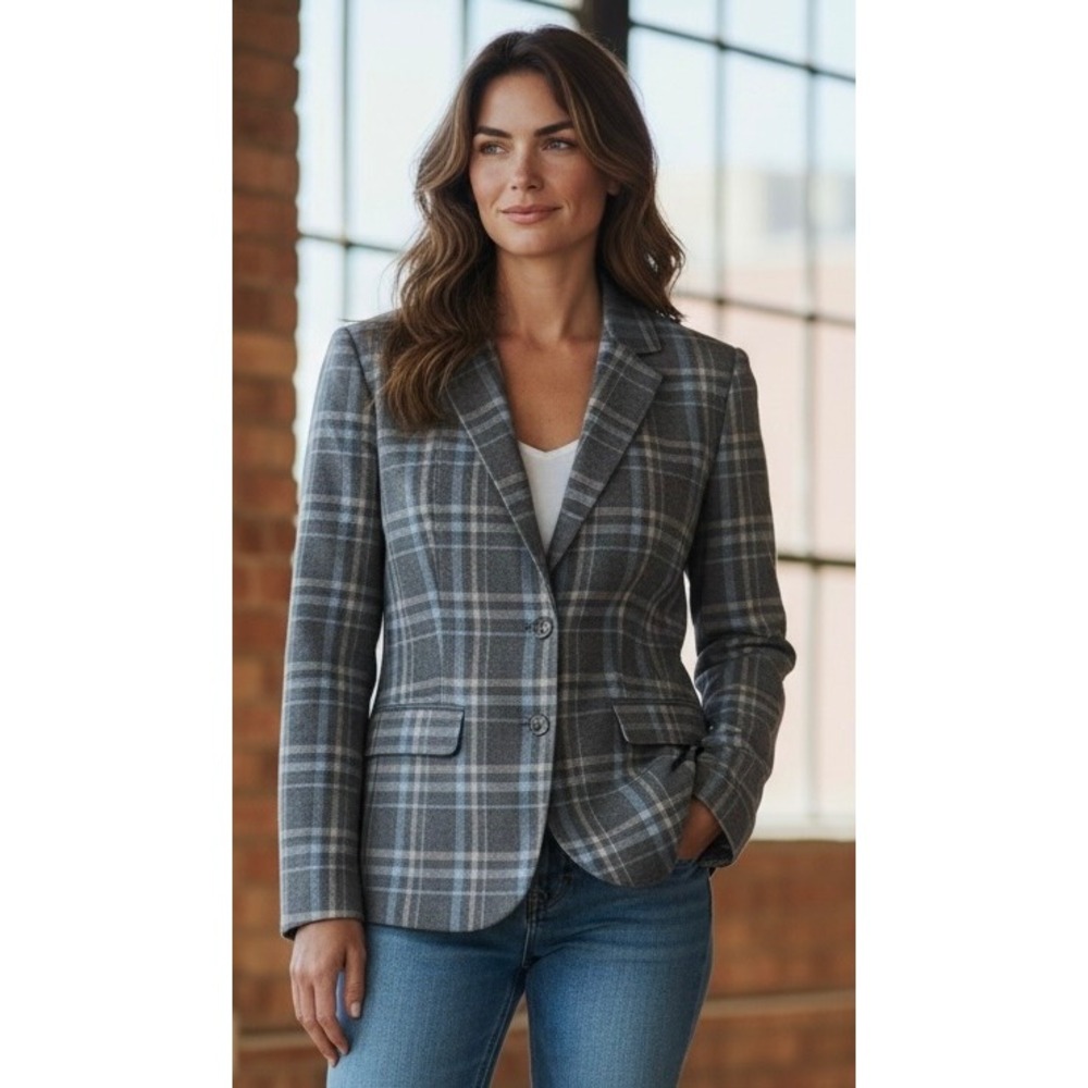Gray Plaid Tailored Blazer - Classic Notch Lapel